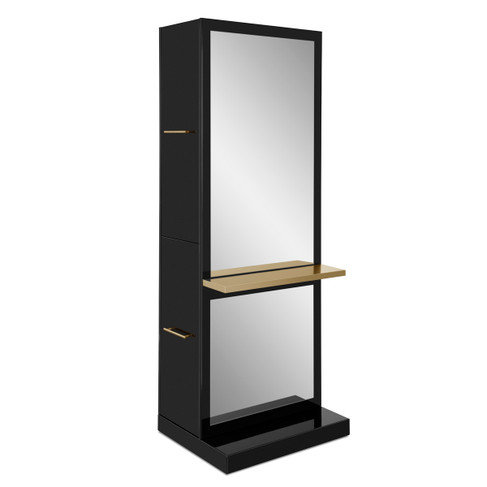 Kamino Single Sided Styling Station in Black With Gold Shelves – Only 30”W