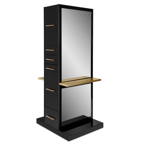Kamino Double Sided Styling Station in Black with Gold Shelves - Only 30"W