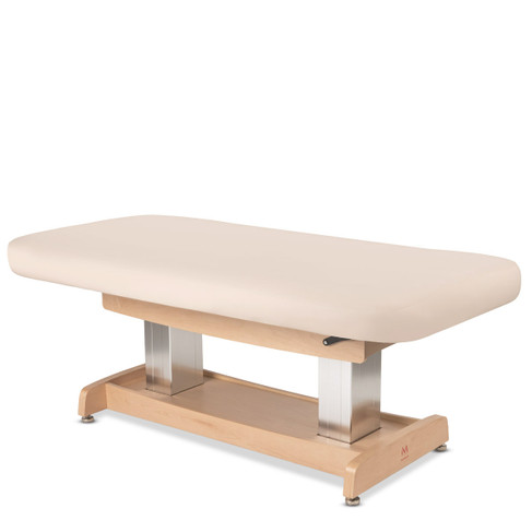 Zenith Flat Electric Spa Massage Table in Beige shown from three-quarter angle to the right