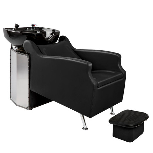 Avant LE Shampoo System in Stainless Steel and Black Chrome with Black Chair and Black Bowl