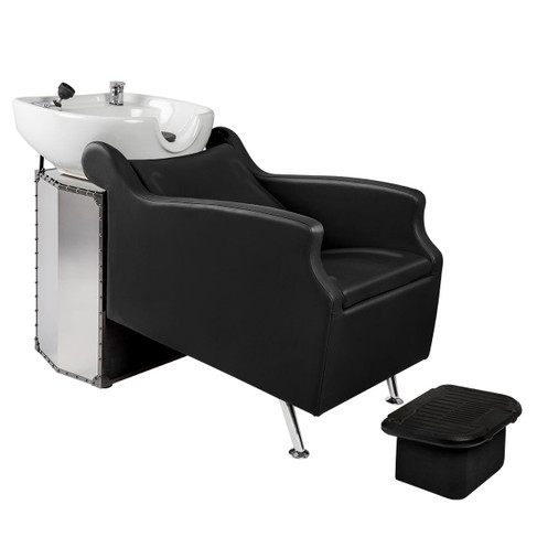 Avant LE Shampoo System in Stainless Steel and Black Chrome with Black Chair and White Bowl