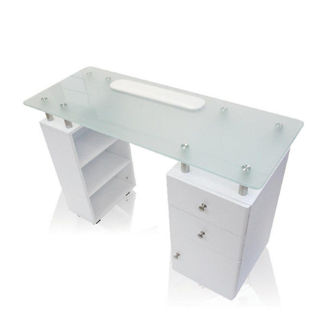 J&A Glass Top Manicure Table in White with Frosted Glass