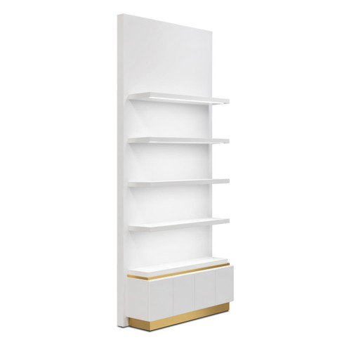 Brighton Retail Display in Matte White with Matte White Shelves and Cabinet Brushed Gold Accents