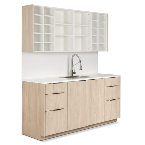 Modera Color Bar Cabinet Set with Sink, Color Storage Cubes & Open Shelves - 73.5"W Shown in Roble Aurora with White Counter and Backsplash with Black Hardware shown from three-quarter view to the right