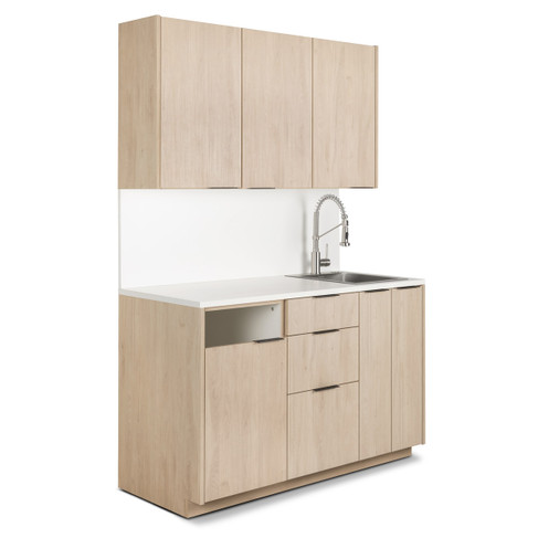 Modera Color Bar Cabinet Set with Sink & Bin Opening - 55.5" Wide in Roble Aurora with White Counter & Backsplash and Black Handles shown from three-quarter angle to the right
