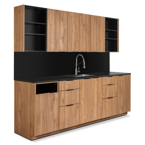 Modera Color Bar Cabinet Set with Sink, Open Shelves, & Bin Opening - 97.5"W shown in Nogal Slow Atlas with Black Counter and Backsplash with Black Handles shown from three-quarter view to the right