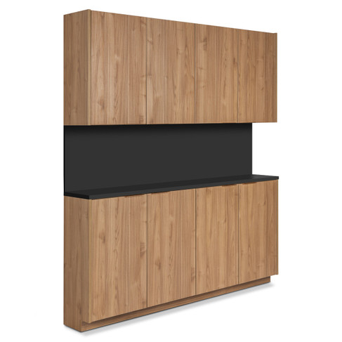 Modera Shampoo Cabinet Set - 73.5" Wide & 12" Deep in Nogal Slow Atlas with Black Counter and Backsplash with brushed gold Handles shown from three-quarter view to the right