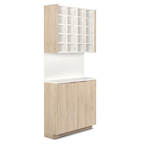 Modera Shampoo Cabinet Set with Color Storage Cubes - 37.5" Wide & 12" Deep in Roble Aurora with White Counter and Backsplash with brushed gold Handles shown from three-quarter view to the right