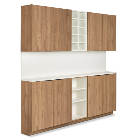 Modera Shampoo Cabinet Set with Color Storage Cubes & Open Shelves - 91.5" Wide & 12" Deep in Nogal Slow Atlas with White Counter and Backsplash with Black Handles shown from three-quarter view to the right
