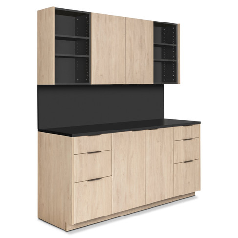 Modera Spa Cabinet Set with Open Shelves - 73.5" Wide in Roble Aurora with Black Counter and Backsplash with Black Handles shown from three-quarter view to the right