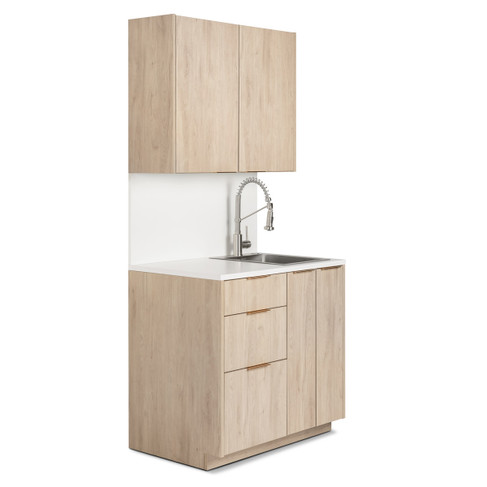 Modera Spa Cabinet Set with Sink - 37.5" Wide in Roble Aurora with White Counter and Backsplash with brushed gold Handles shown from three-quarter view to the right