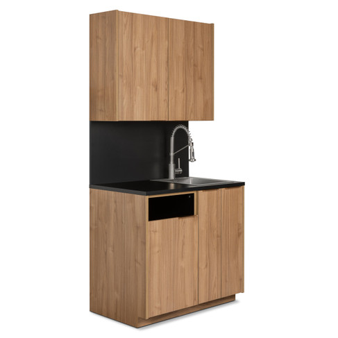 Modera Spa Cabinet Set with Sink & Bin Opening - 37.5" Wide in Nogal Slow Atlas with Black Counter and Backsplash with brushed gold Handles shown from three-quarter view to the right