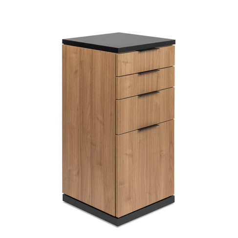 Modera Pedestal Styling Station in Nogal Slow Atlas with Black Countertop/Toe Kick and Black Handles shown from three-quarter angle to the right