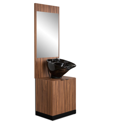 Nantucket Barber Sink and Mirror Set with Black Bowl in Oiled Walnut and Black/Black Accents