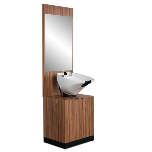 Nantucket Barber Sink and Mirror Set with White Bowl in Oiled Walnut and Black/Black Accents