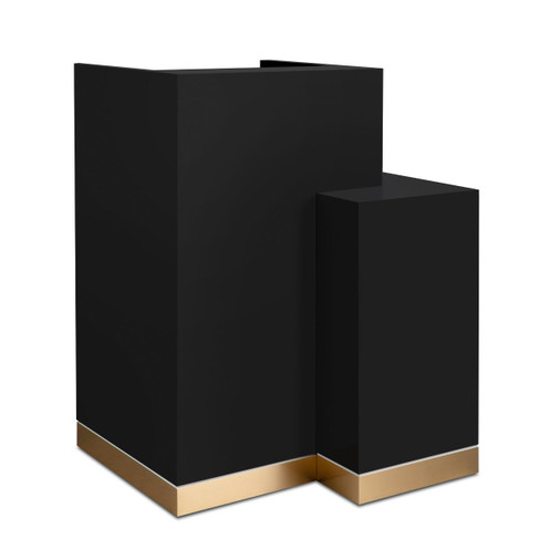Quantico Reception Desk in Matte Black with Matte Black ADA Shelf Cube and Brushed Gold/Brushed Gold