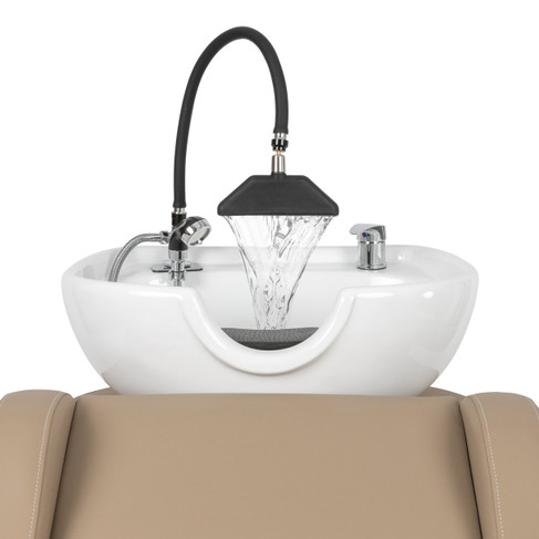 Triangle Waterfall Head Spa Attachment for Shampoo Bowls shown from the front with water turned on
