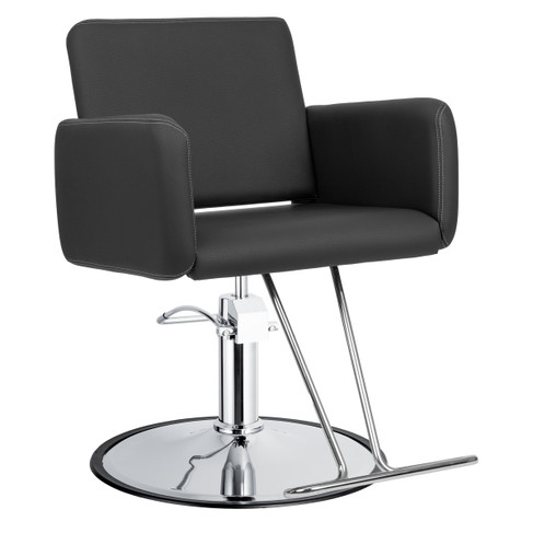 Unica Salon Styling Chair in Black with Round Chrome Base from a three-quarter angle