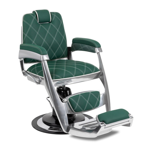 Jupiter Barber Chair in Forest Green w/ White Quilting shown from 3/4 front view - Made in Italy
