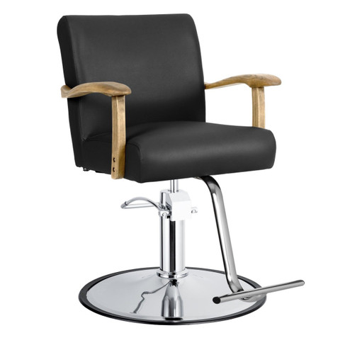 Black Sequoia salon styling chair with round chrome base MK-182b-MBP-5S three-quarters front view