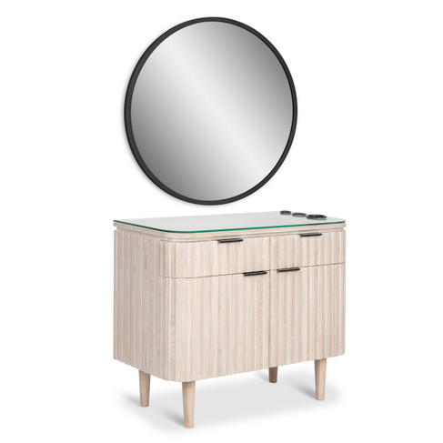 Langford Cabinet Styling Station in White Washed Wood with Talbot Round Black Mirror shown from three-quarter angle to the right