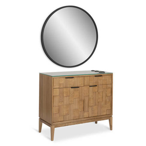 Ronan Cabinet Styling Station in Antique Umber with Talbot Round Black Mirror shown from three-quarter angle to the right