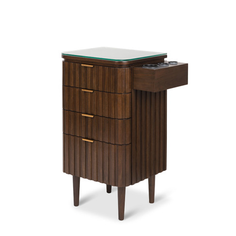 Brixton Pedestal Styling Station in Walnut with Gold Hardware shown from three-quarter angle to the left