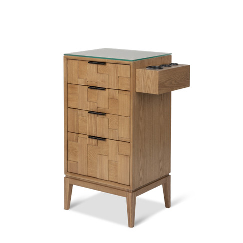 Becket Pedestal Styling Station in Antique Umber shown from three-quarter view to the left