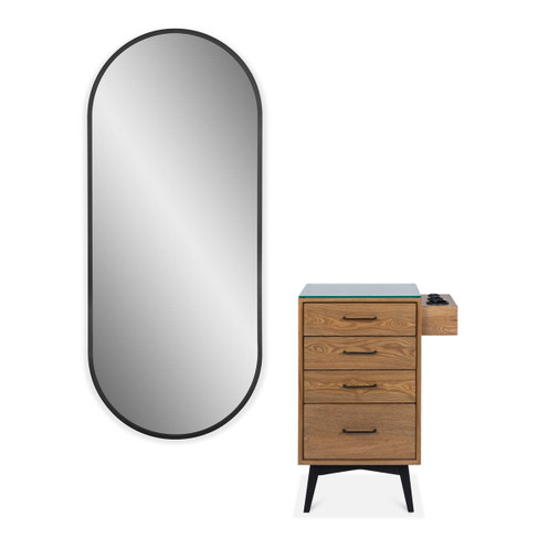 Larsen Styling Station in Light Walnut with Black Hardware and Black Racetrack Mirror