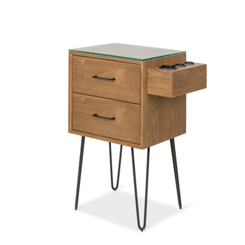 Reid Styling Station in Antique Umber with Hairpin Legs or Wall-Mounted shown from three-quarter angle to the left