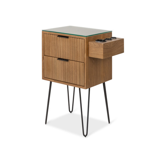 Tate Styling Station in Antique Umber with Hairpin Legs or Wall-Mounted shown from three-quarter angle to the left