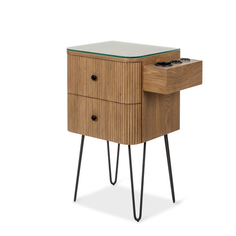 Wells Styling Station in Antique Umber with Hairpin Legs or Wall-Mounted shown from three-quarter angle to the left