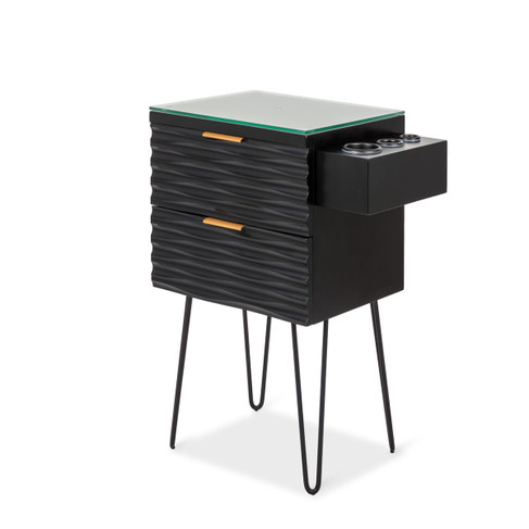 Nalu Styling Station in Black with Gold Handles with Black Hairpin Legs or Wall-Mounted shown from three-quarter angle to the left