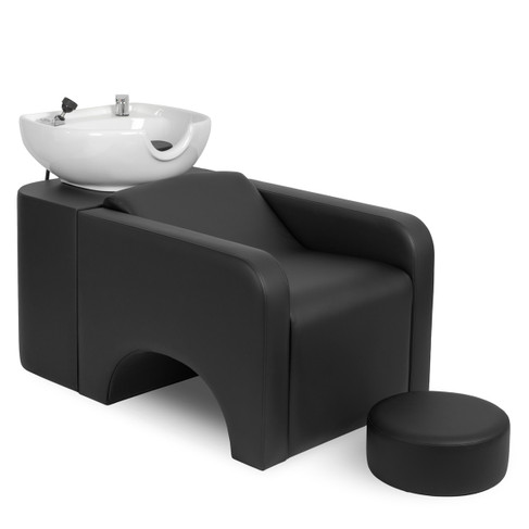 Evara Shampoo System in Black with White Bowl shown from three-quarter angle to the right