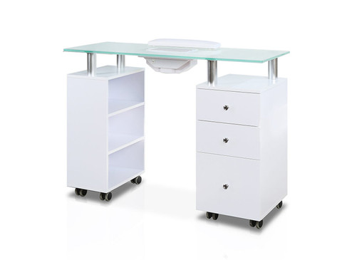 J&A Glass Top Manicure Table with Draft Fan in White with Frosted Glass